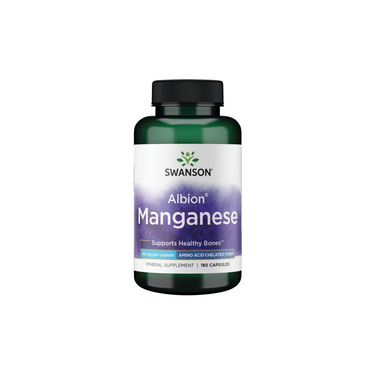 Swanson Albion Manganese supplement (40 mg) comes in a green bottle with 180 capsules, featuring an amino acid chelated form for bone support and cognitive function.